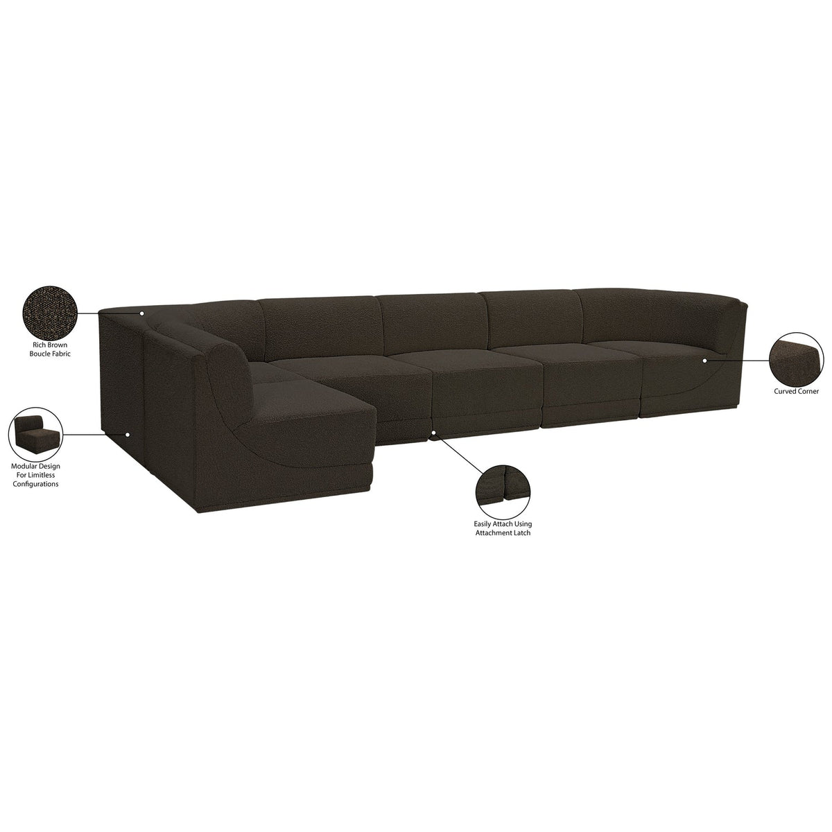Ollie 158in Brown Boucle Fabric Upholstered 6 Piece Modular Sectional Sofa
