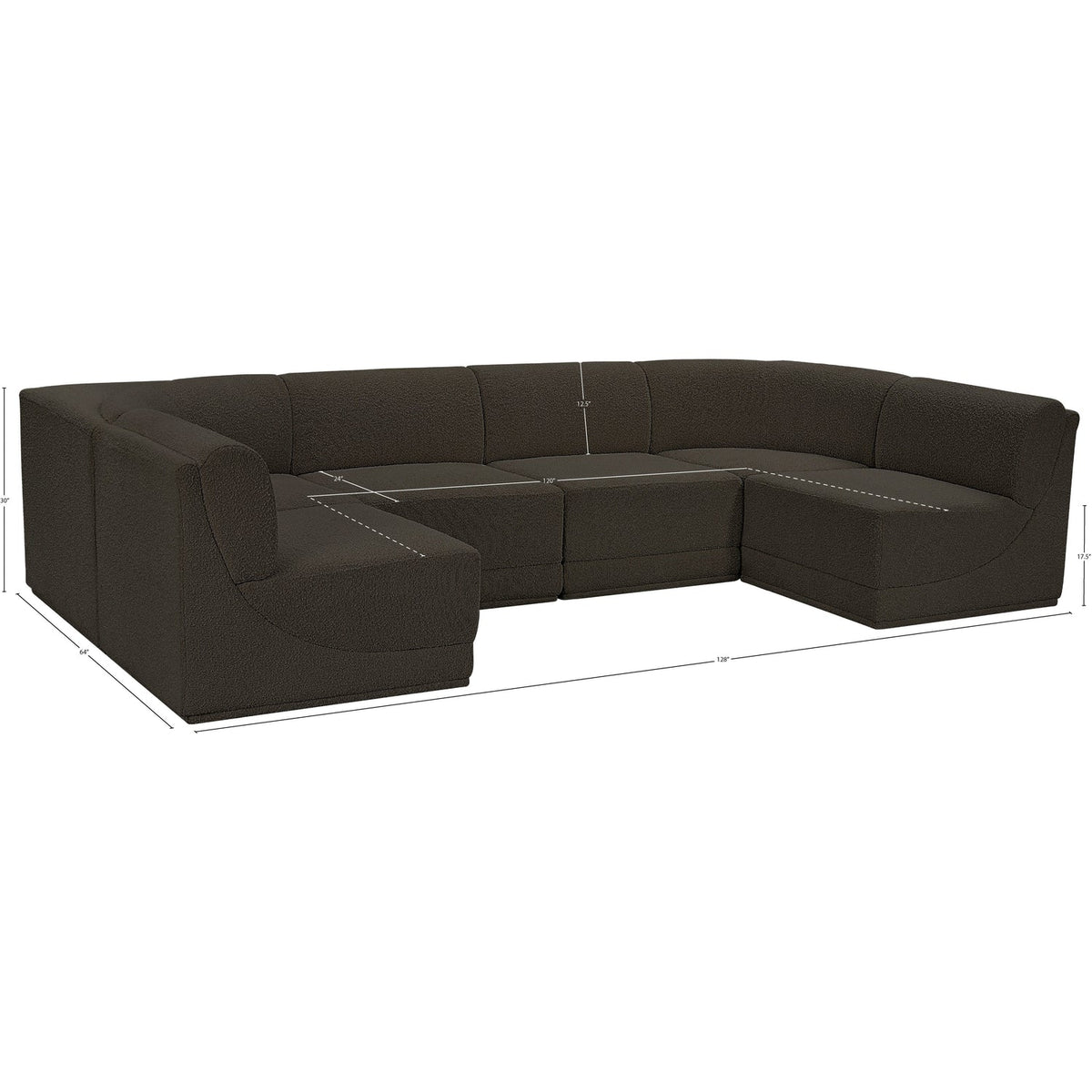Ollie 128in Brown Boucle Fabric Upholstered 6 Piece Modular Sectional Sofa