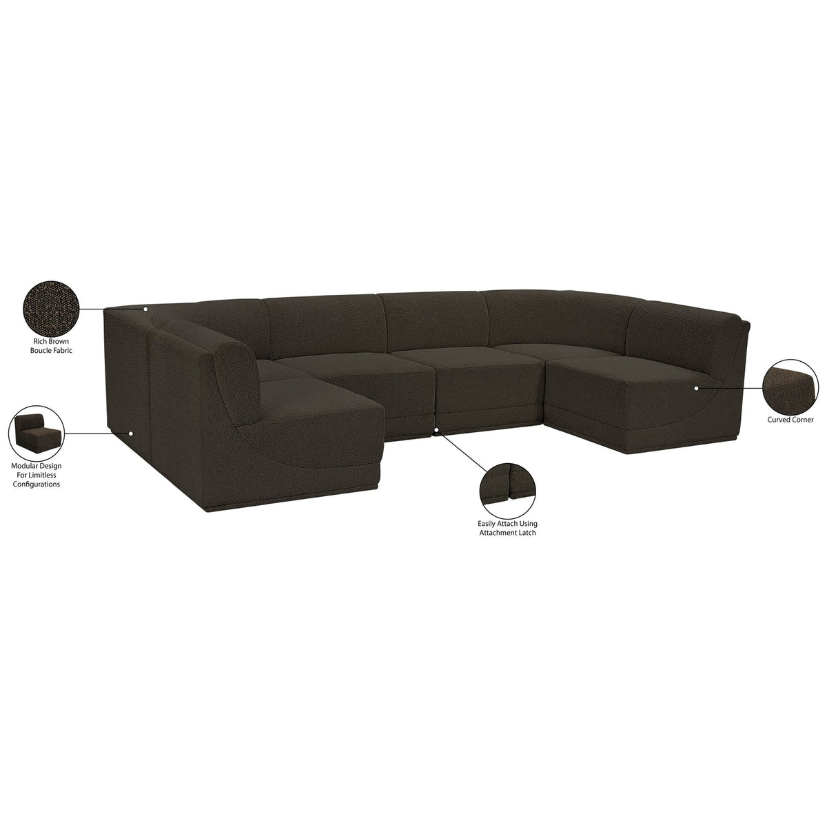 Ollie 128in Brown Boucle Fabric Upholstered 6 Piece Modular Sectional Sofa