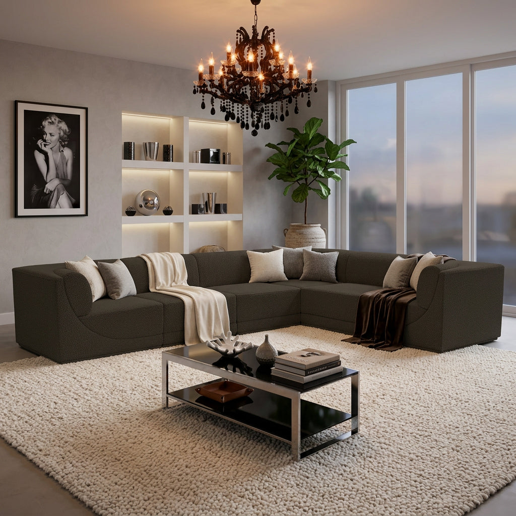 Ollie 128" Brown Boucle Fabric Upholstered 6pc. Modular Sectional in brown boucle, primary product view
