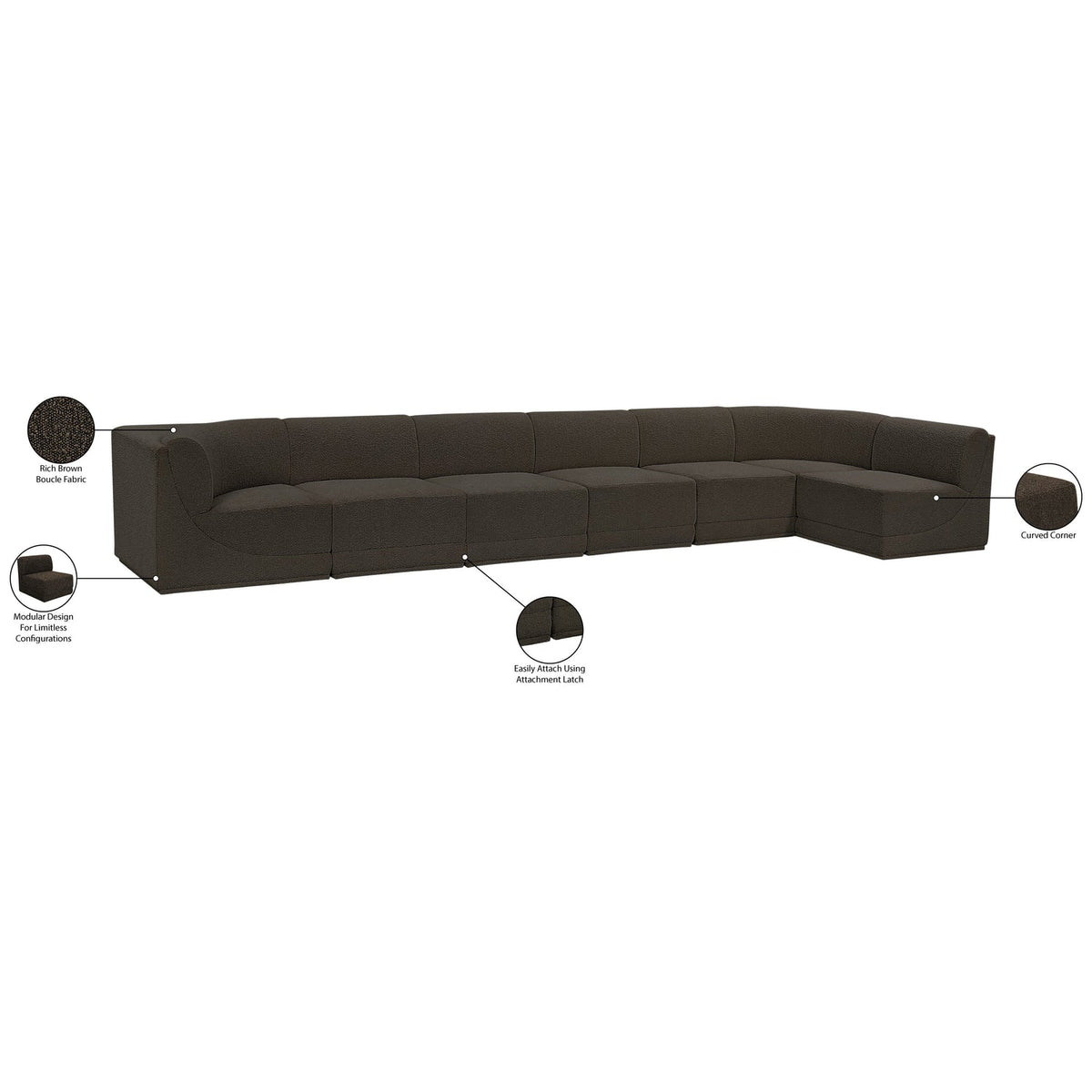 Ollie 188in Brown Boucle Fabric Upholstered 7 Piece Modular Sectional Sofa