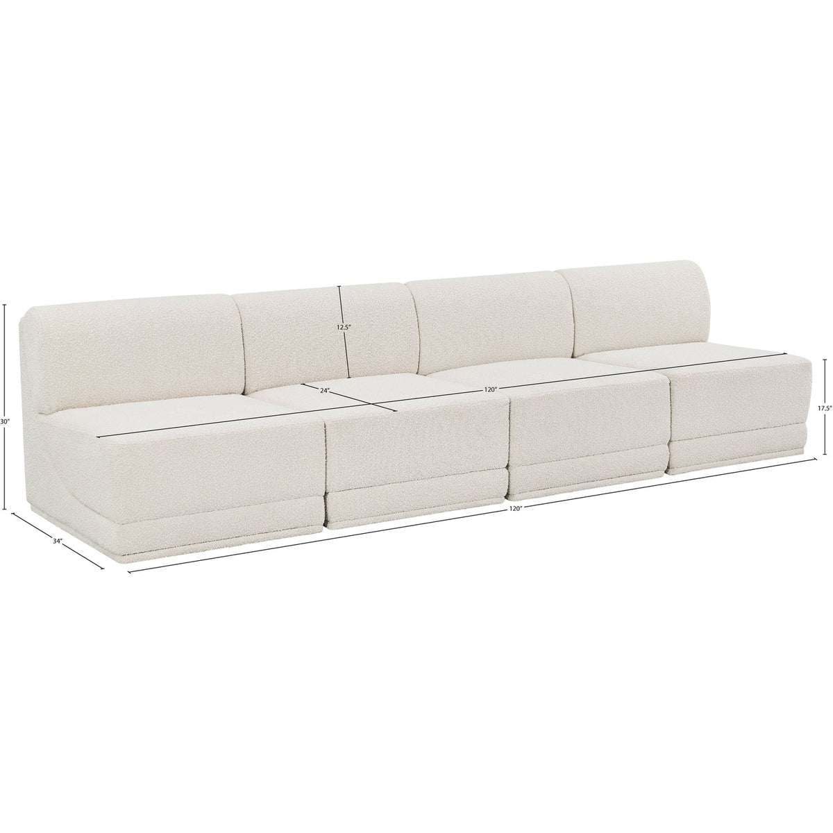 Ollie 120in Cream Boucle Fabric Upholstered 4 Piece Armless Modular Sofa