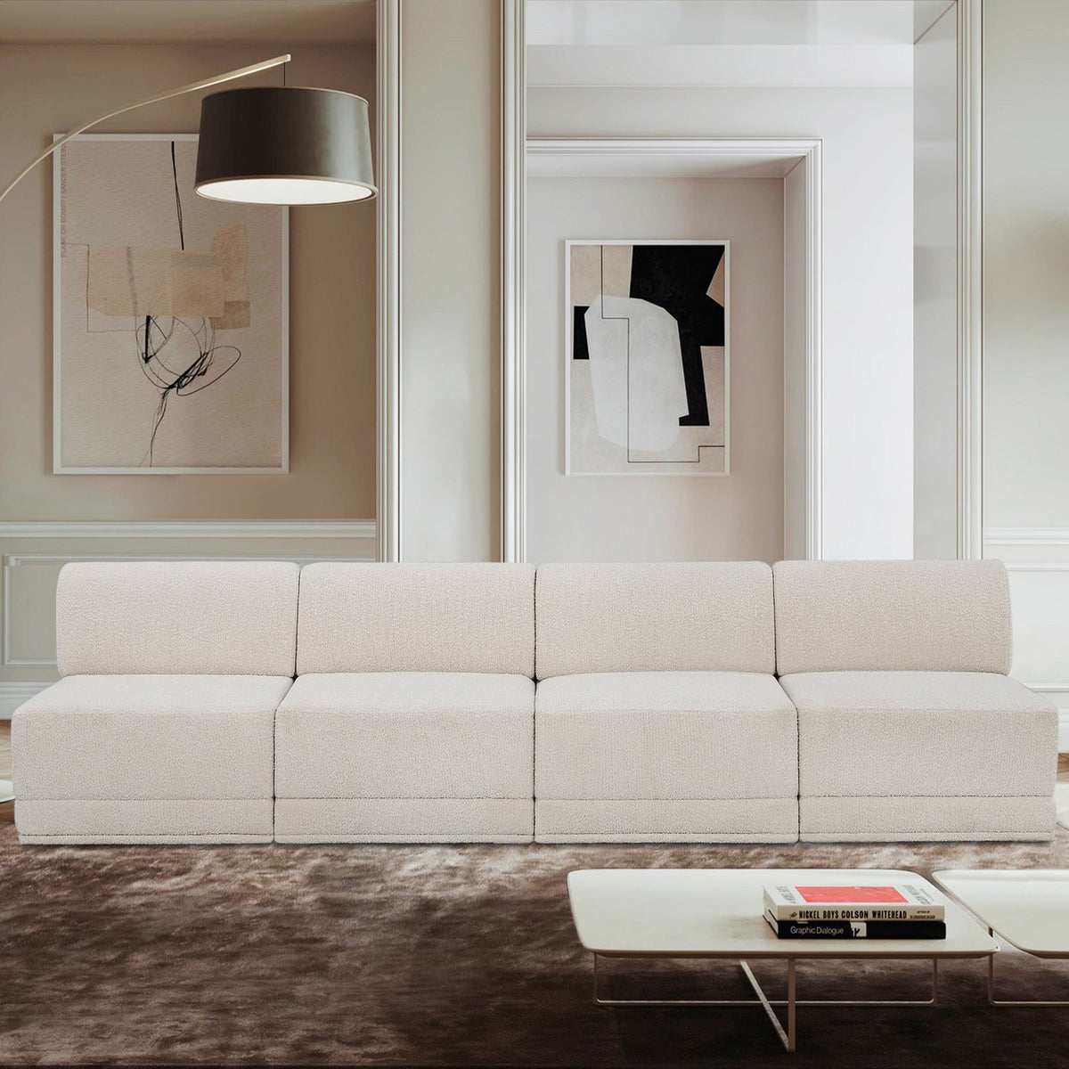 Ollie 120in Cream Boucle Fabric Upholstered 4 Piece Armless Modular Sofa