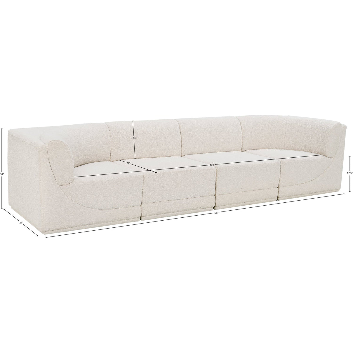 Ollie 128in Cream Boucle Fabric Upholstered 4 Piece Modular Sofa