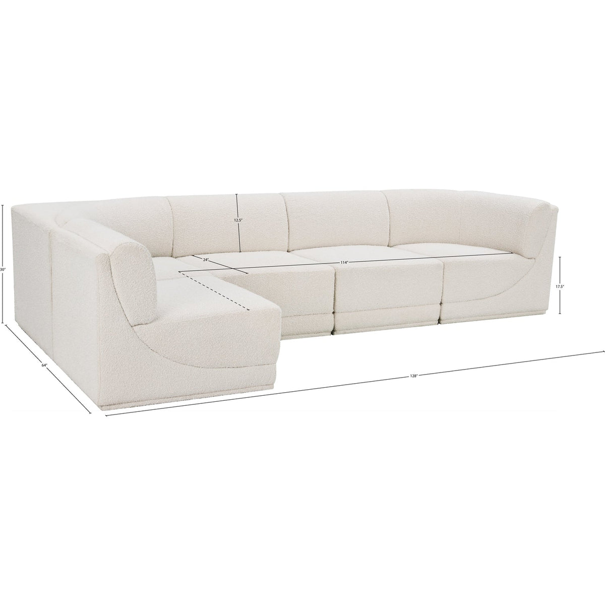 Ollie 128in Cream Boucle Fabric Upholstered 5 Piece Modular Sectional Sofa
