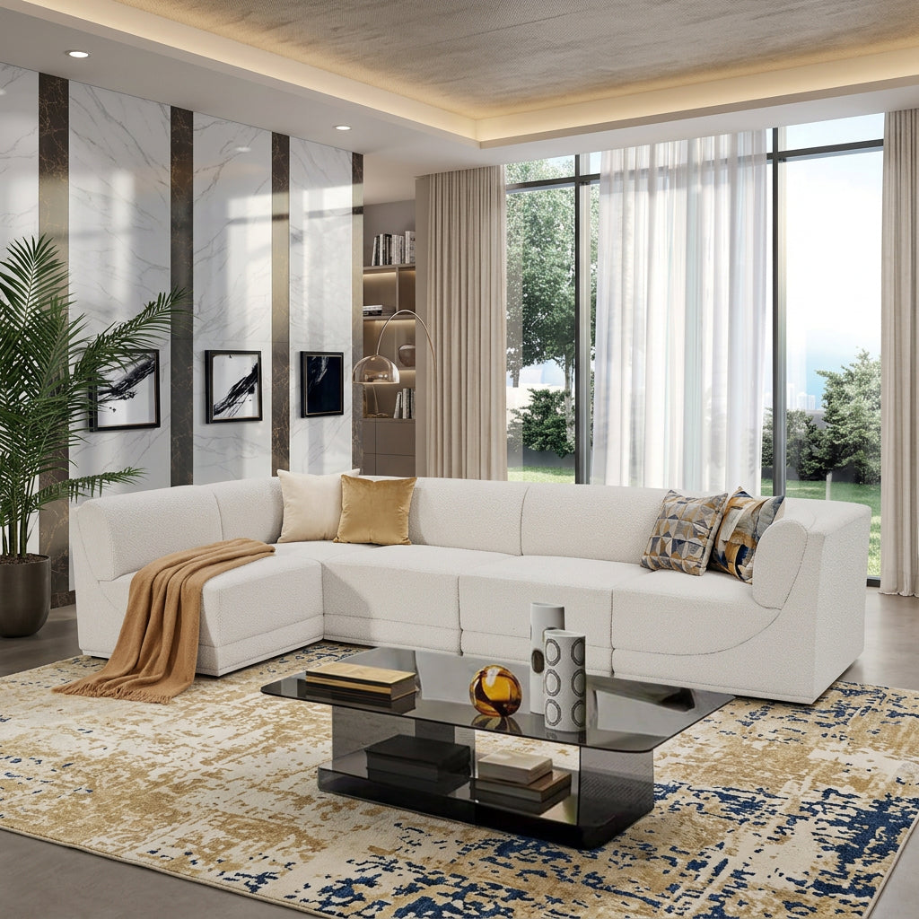 Ollie 128in Cream Boucle Fabric Upholstered 5 Piece Modular Sectional Sofa