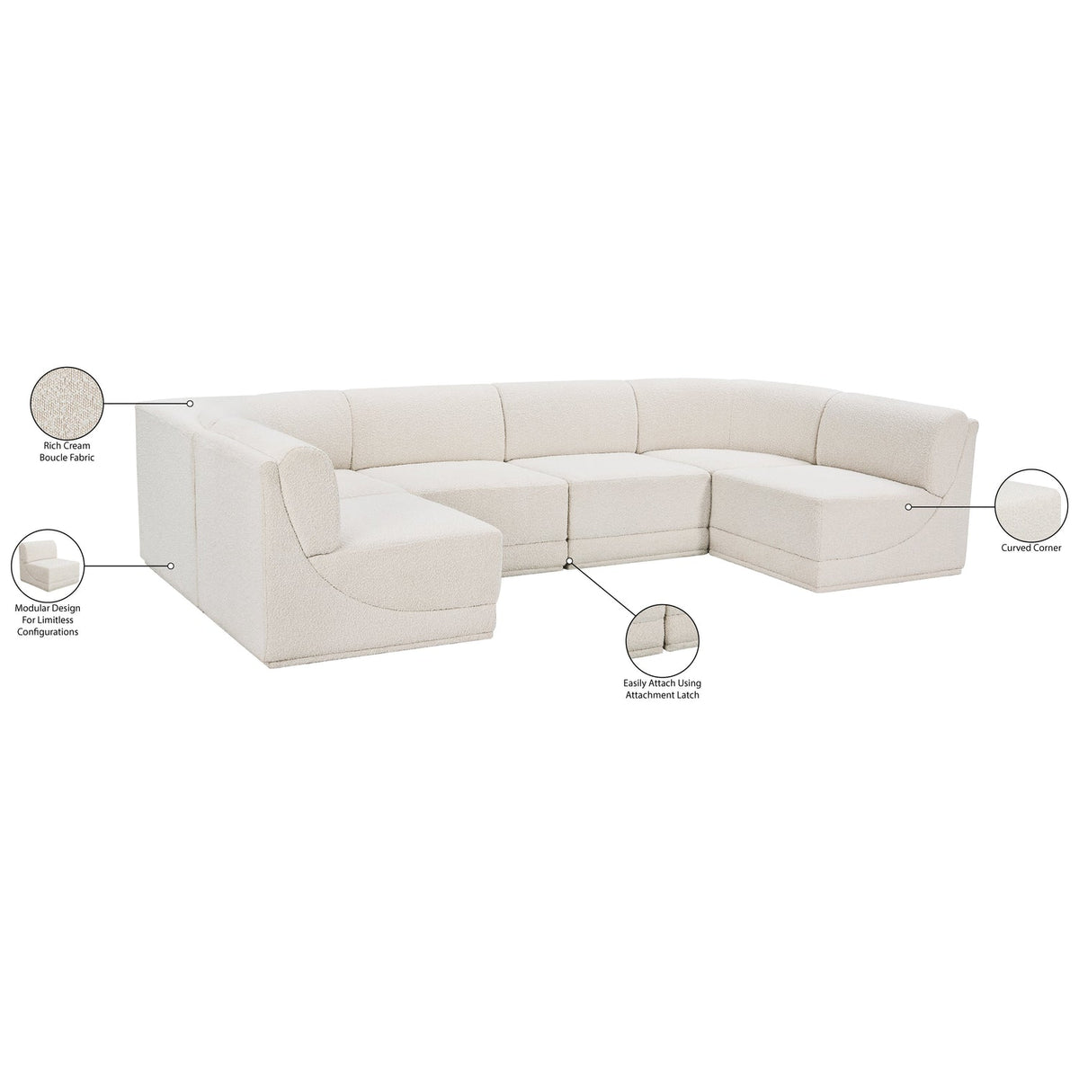 Ollie 128in Cream Boucle Fabric Upholstered 6 Piece Modular Sectional Sofa