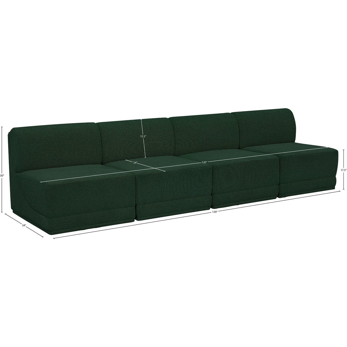 Ollie 120in Green Boucle Fabric Upholstered 4 Piece Armless Modular Sofa
