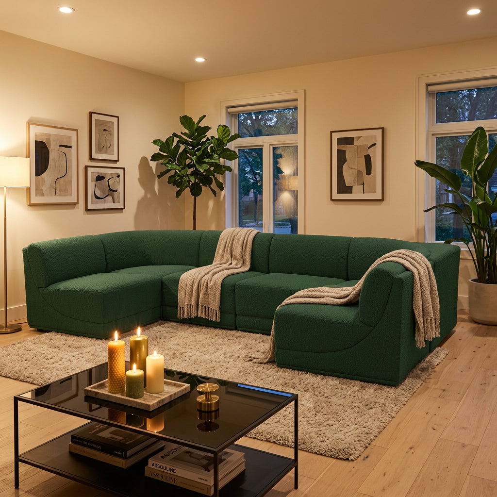 Ollie 128in Green Boucle Fabric Upholstered 6 Piece Modular Sectional Sofa
