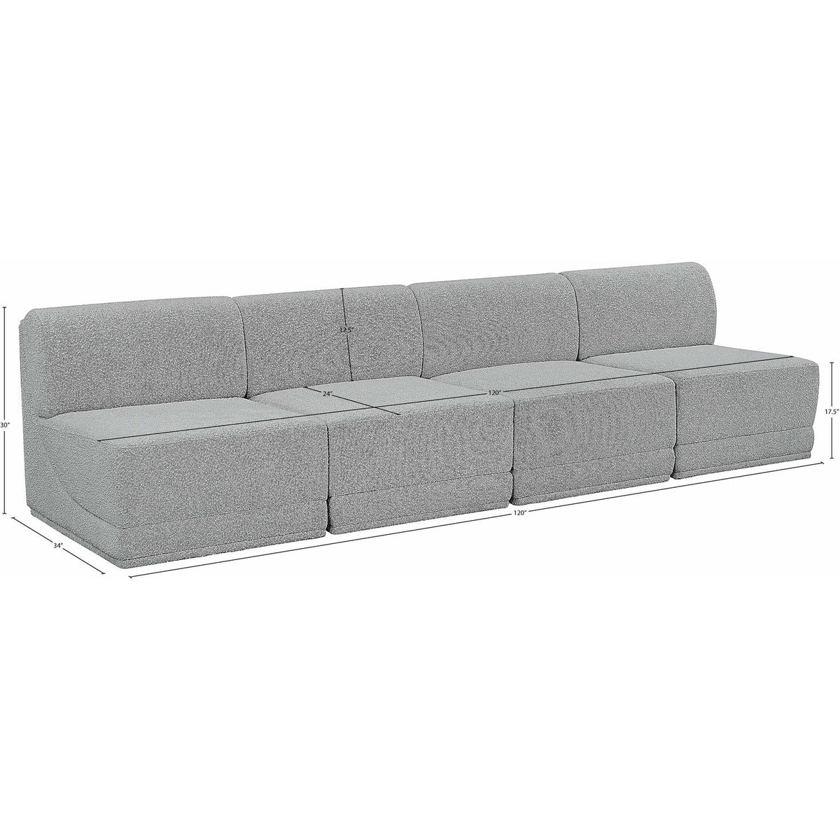 Ollie 120in Grey Boucle Fabric Upholstered 4 Piece Armless Modular Sofa