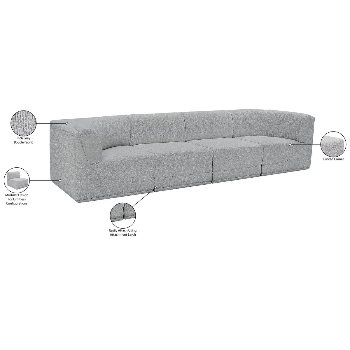 Ollie 128in Grey Boucle Fabric Upholstered 4 Piece Modular Sofa