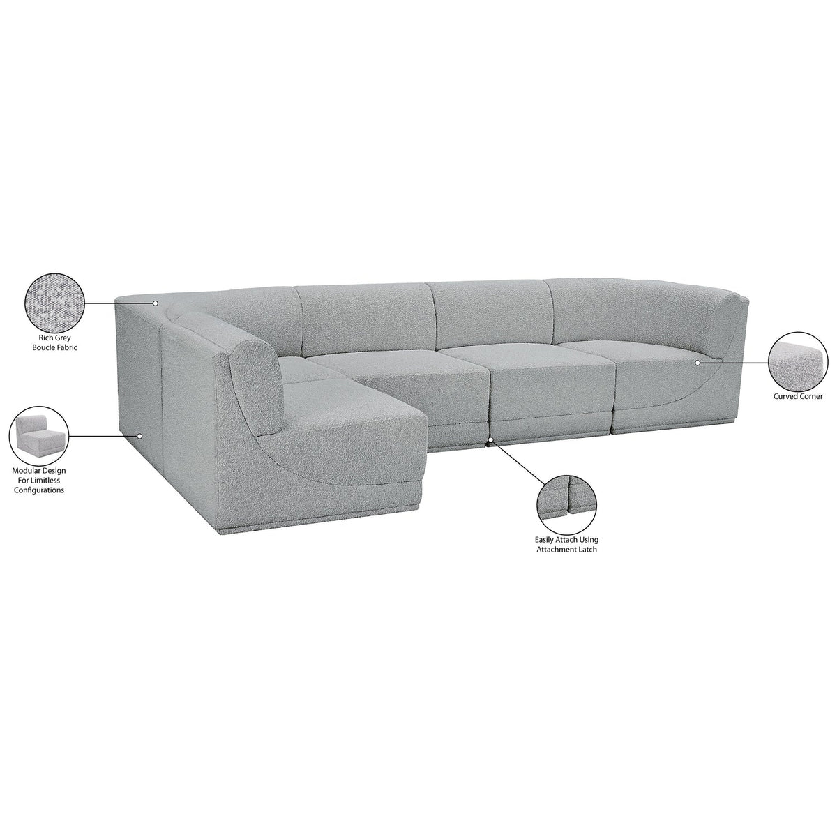 Ollie 128in Grey Boucle Fabric Upholstered 5 Piece Modular Sectional Sofa