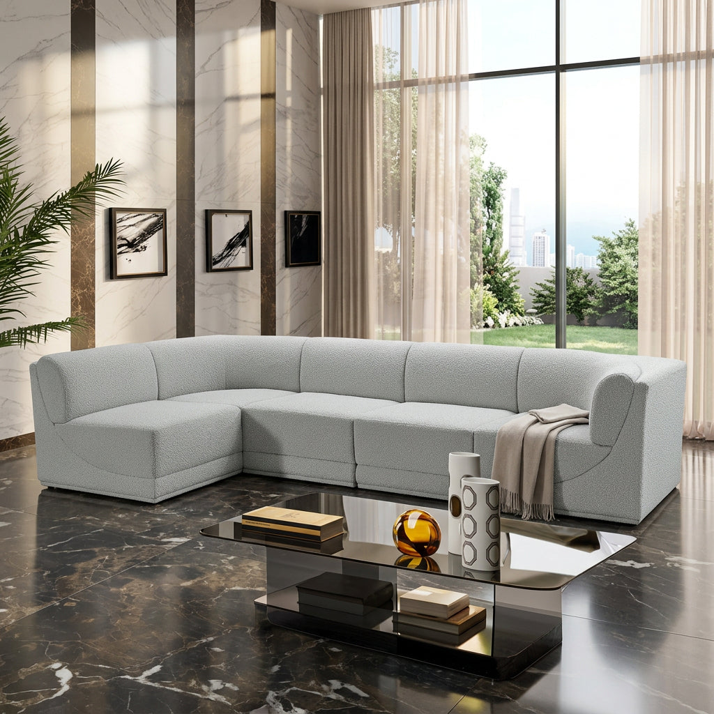 Ollie 128in Grey Boucle Fabric Upholstered 5 Piece Modular Sectional Sofa