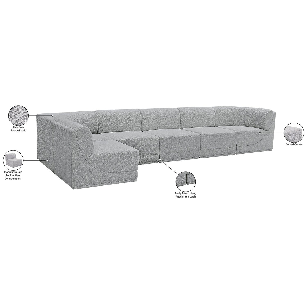 Ollie 158in Grey Boucle Fabric Upholstered 6 Piece Modular Sectional Sofa