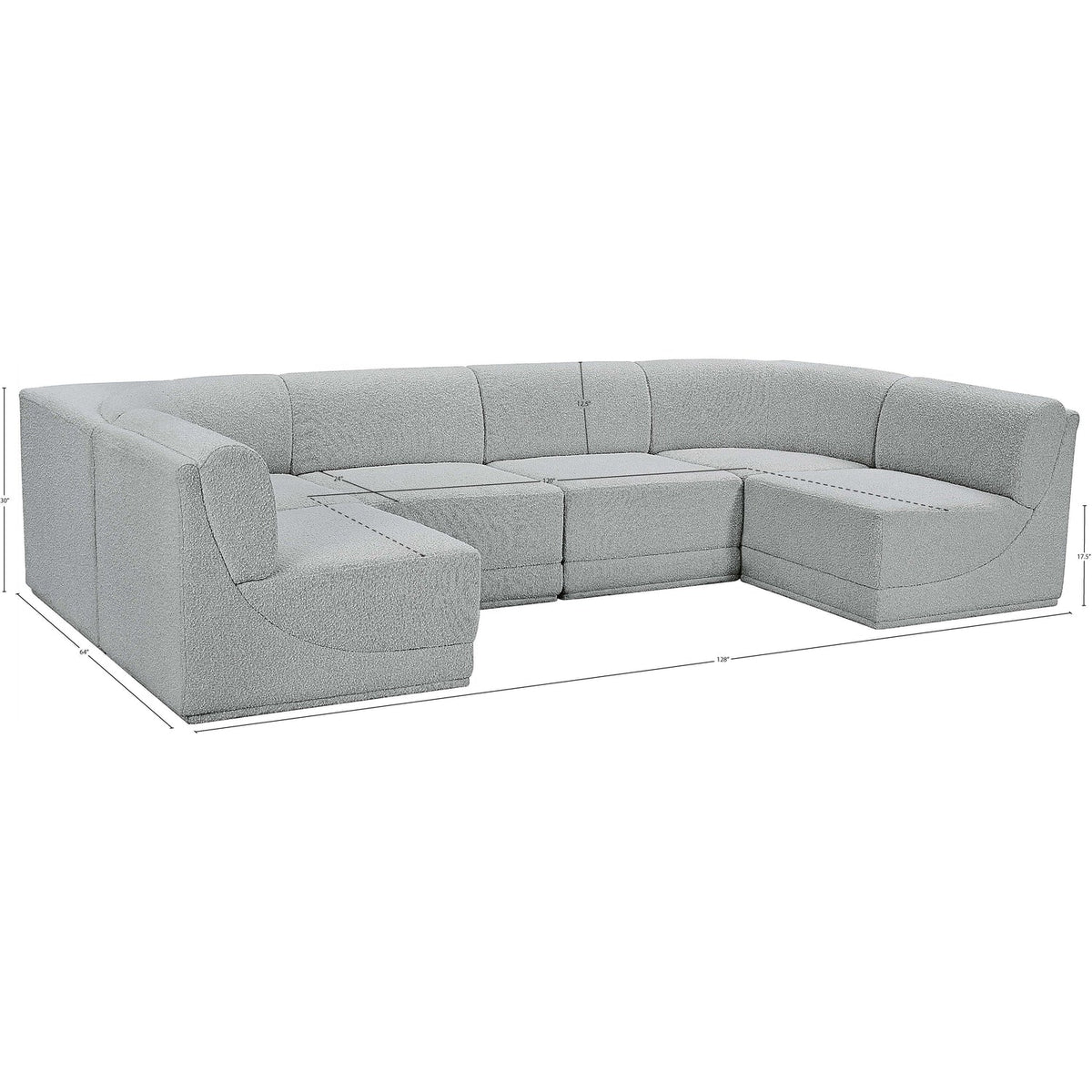 Ollie 128in Grey Boucle Fabric Upholstered 6 Piece Modular Sectional Sofa