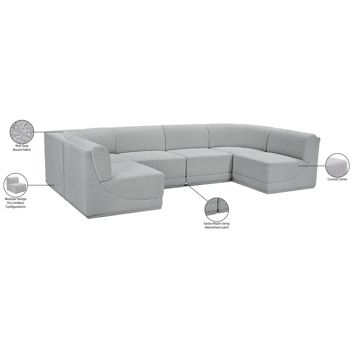 Ollie 128in Grey Boucle Fabric Upholstered 6 Piece Modular Sectional Sofa