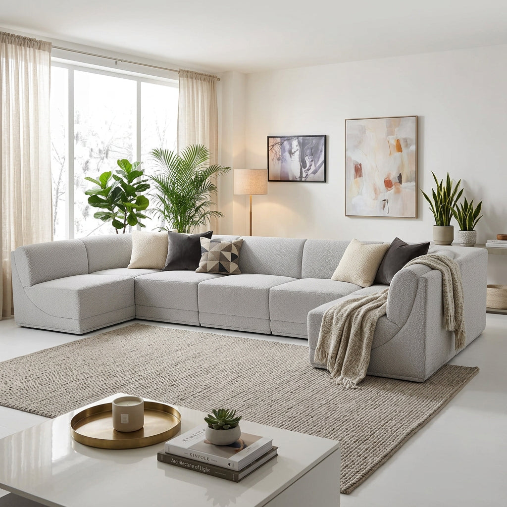 Ollie 158in Grey Boucle Fabric Upholstered 7 Piece Modular Sectional Sofa