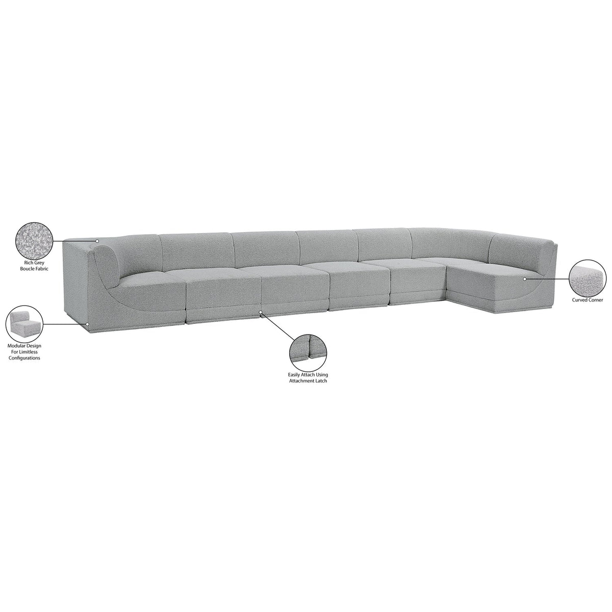 Ollie 188in Grey Boucle Fabric Upholstered 7 Piece Modular Sectional Sofa