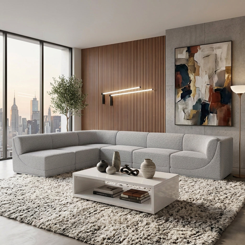 Ollie 188" Grey Boucle Fabric Upholstered 7pc. Modular Sectional in grey boucle, primary product view