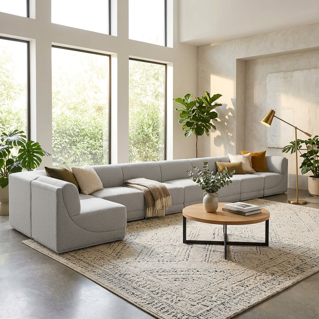 Ollie 218" Grey Boucle Fabric Upholstered 8pc. Modular Sectional in grey boucle, primary product view