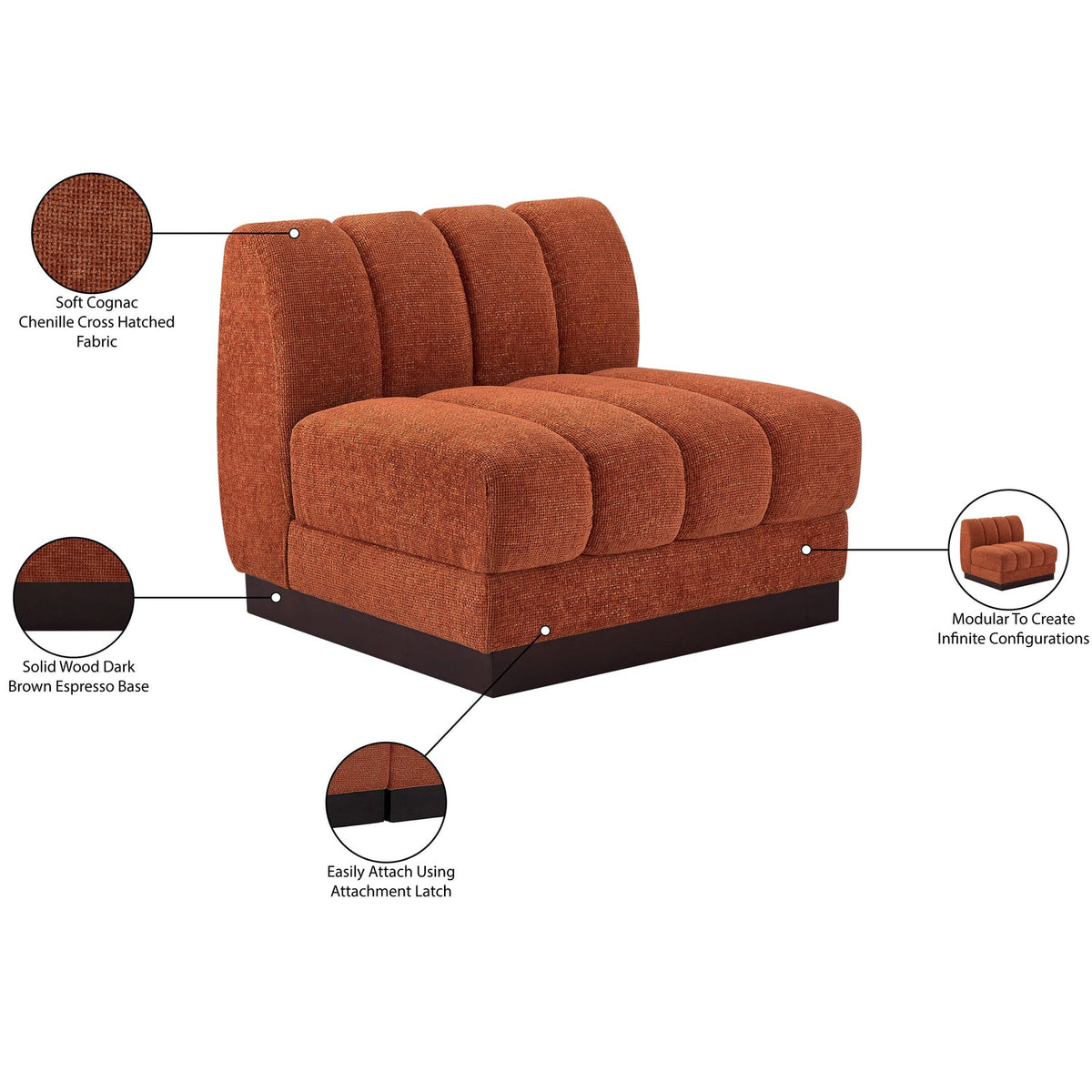 Quinn Cognac Chenille Fabric Upholstered Modular Armless Chair