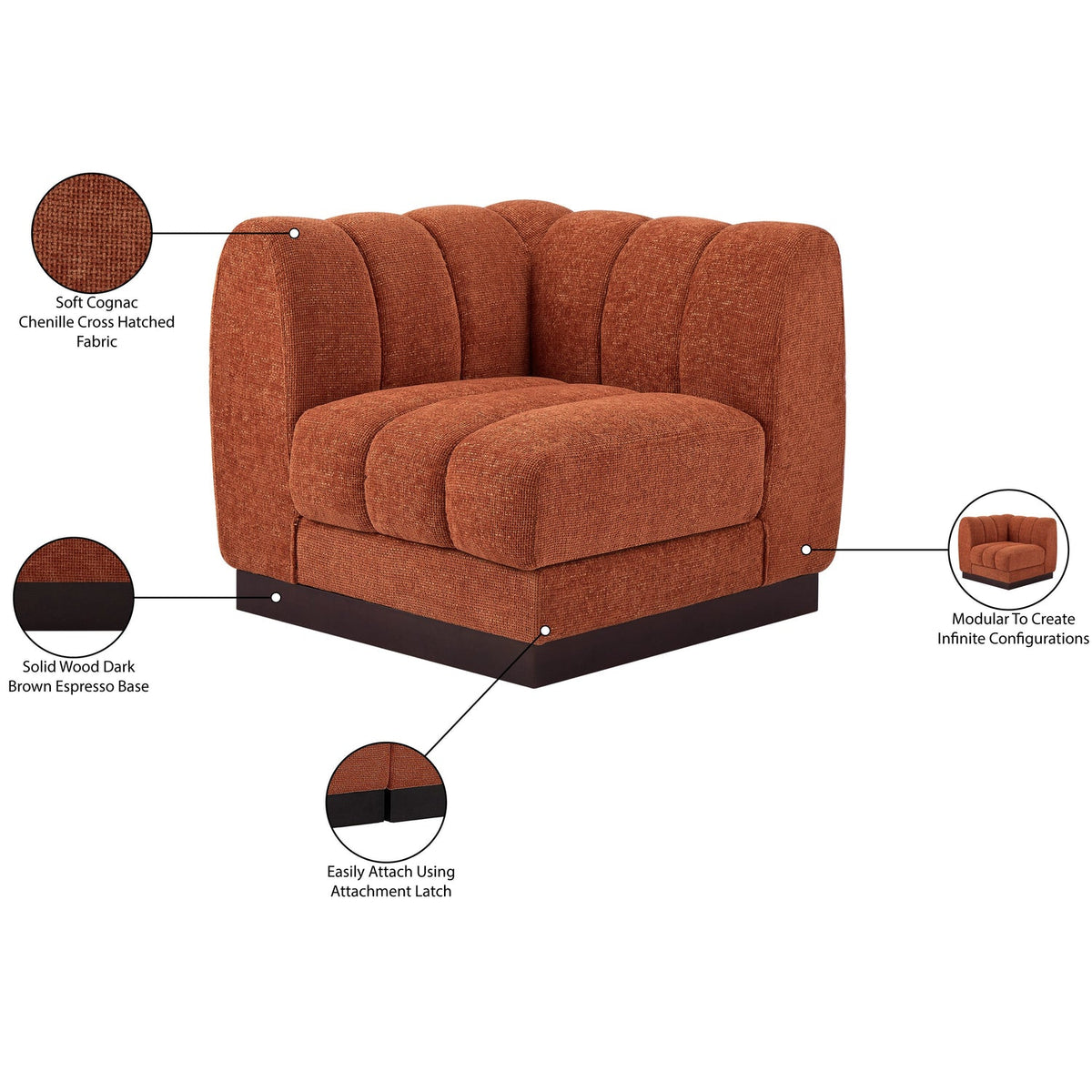 Quinn Cognac Chenille Fabric Upholstered Modular Corner Chair