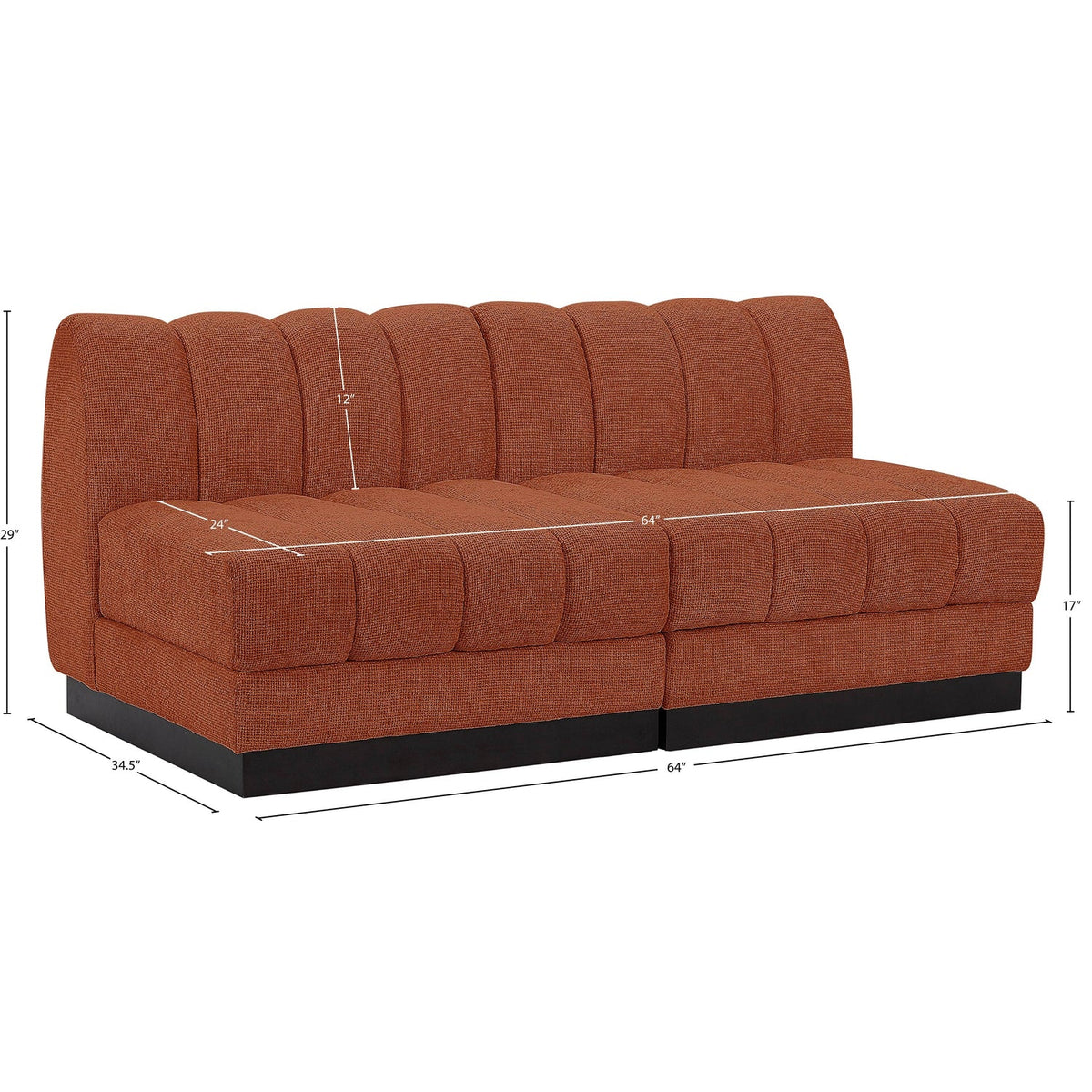 Quinn 64in Cognac Chenille Fabric Upholstered 2 Piece Armless Modular Loveseat