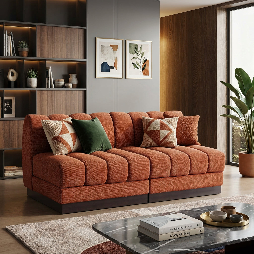 Quinn 64in Cognac Chenille Fabric Upholstered 2 Piece Armless Modular Loveseat