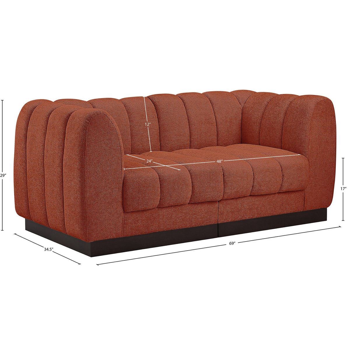 Quinn 69in Cognac Chenille Fabric Upholstered 2 Piece Modular Loveseat