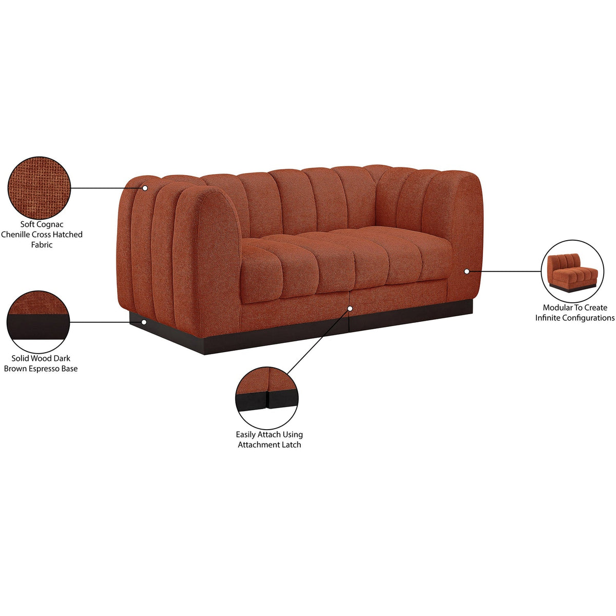 Quinn 69in Cognac Chenille Fabric Upholstered 2 Piece Modular Loveseat