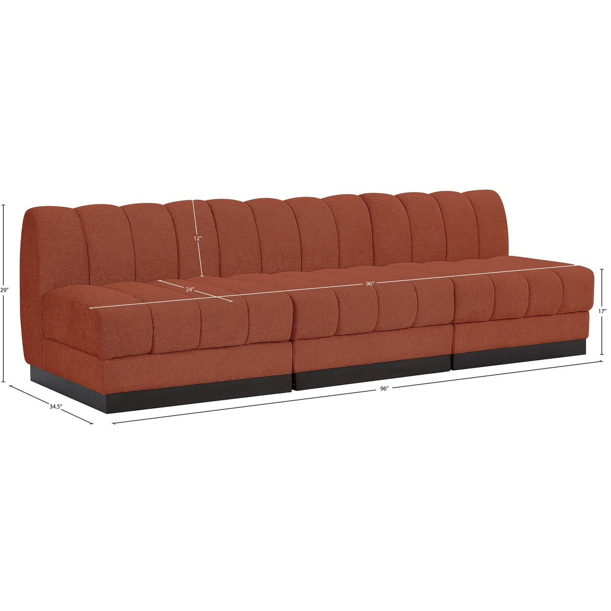 Quinn 96in Cognac Chenille Fabric Upholstered 3 Piece Armless Modular Sofa