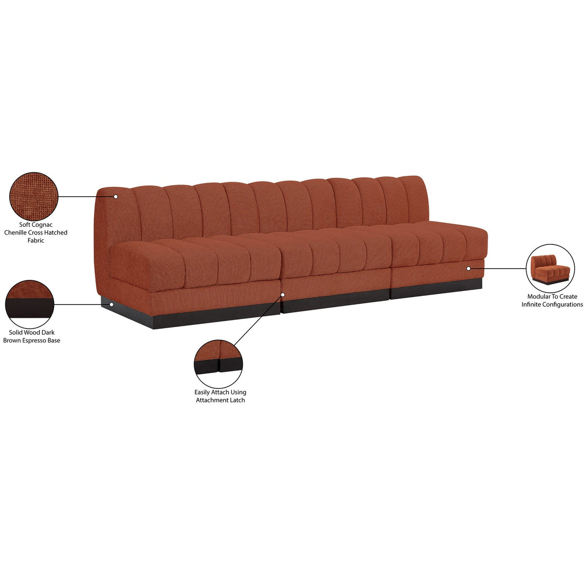 Quinn 96in Cognac Chenille Fabric Upholstered 3 Piece Armless Modular Sofa