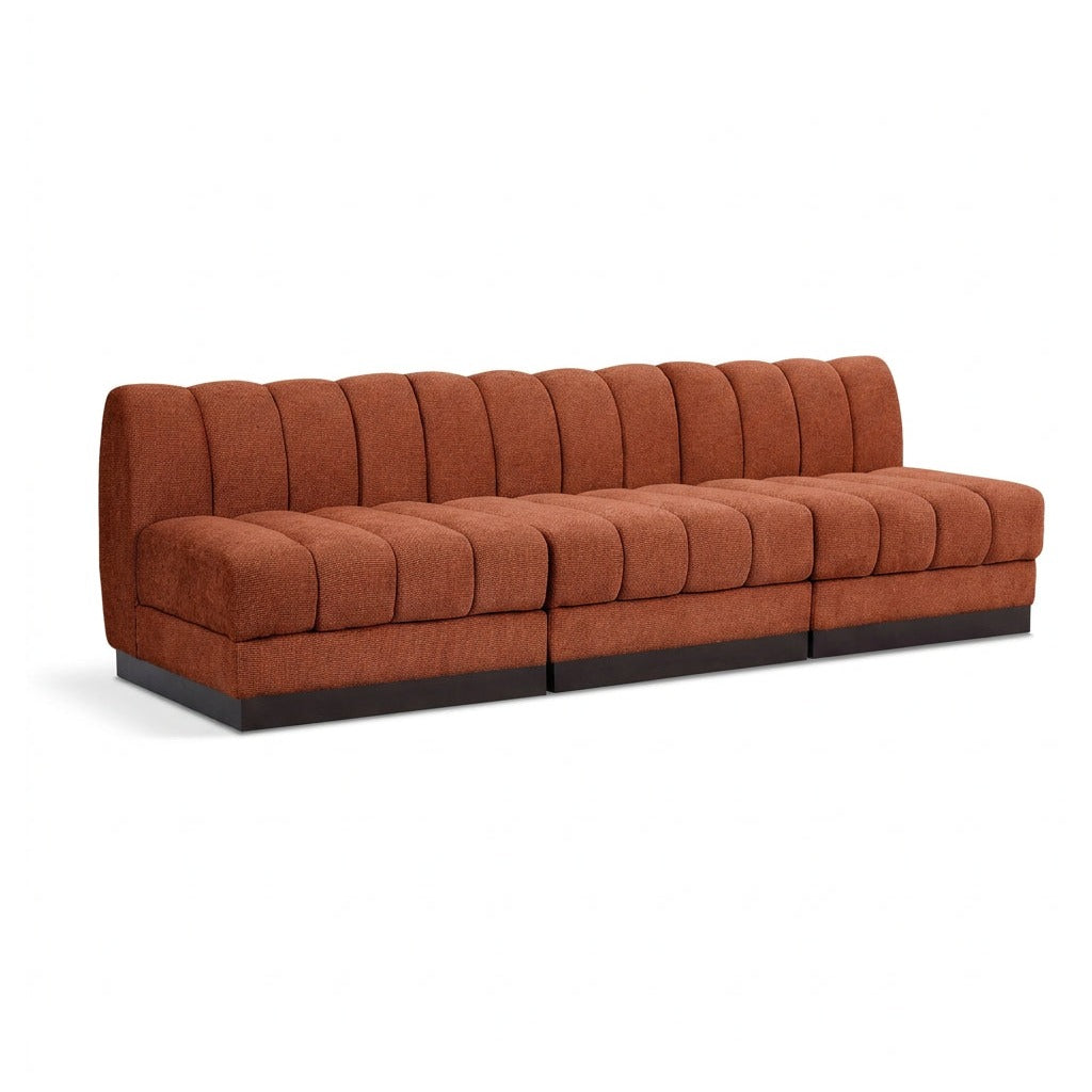 Quinn 96" Cognac Chenille Fabric Upholstered 3pc. Armless Modular Sofa in cognac chenille fabric, primary product view