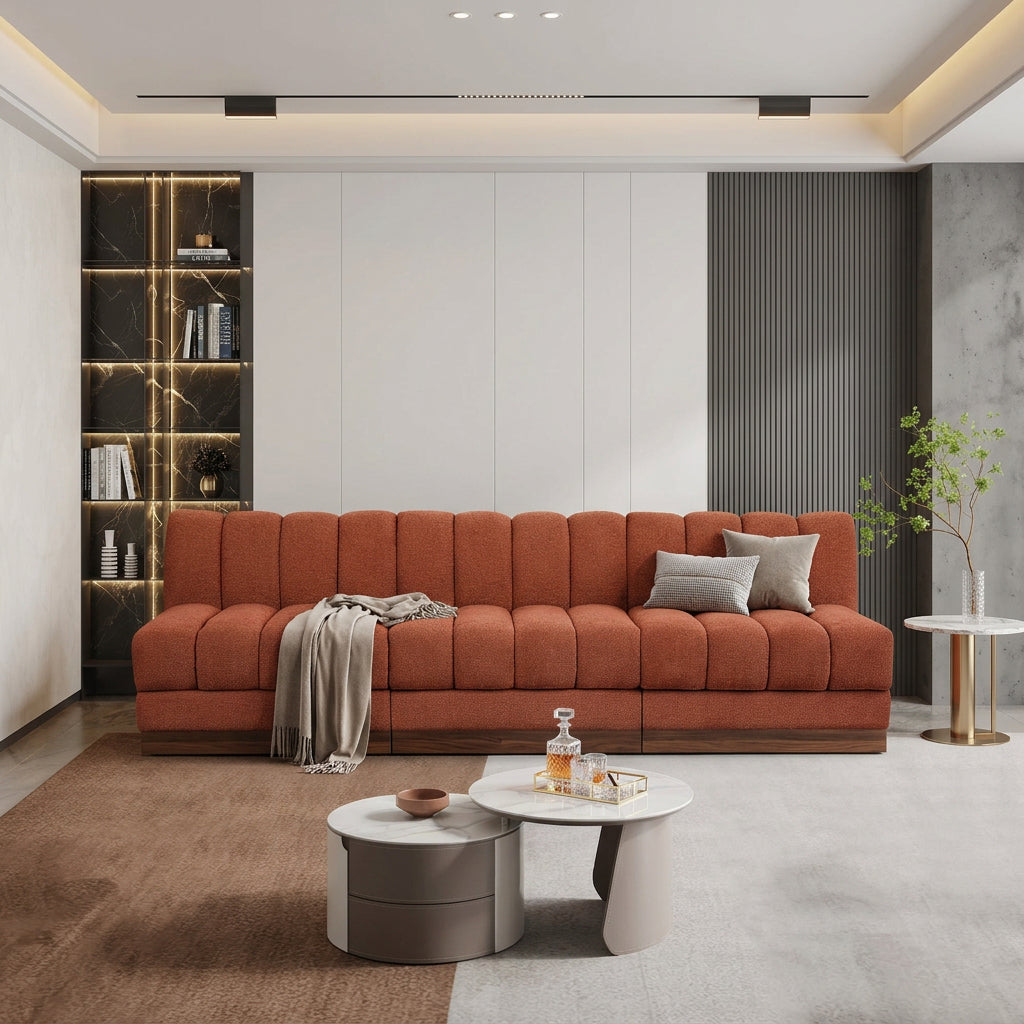 Quinn 96in Cognac Chenille Fabric Upholstered 3 Piece Armless Modular Sofa