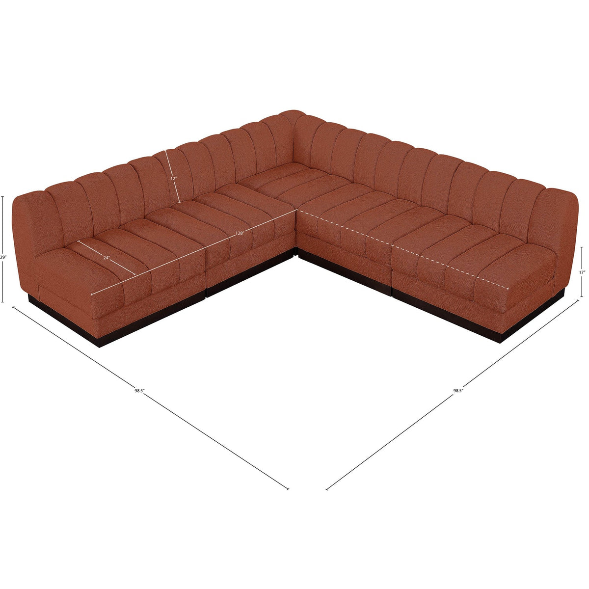 Quinn 98in Cognac Chenille Fabric Upholstered 5 Piece Modular Sectional Sofa