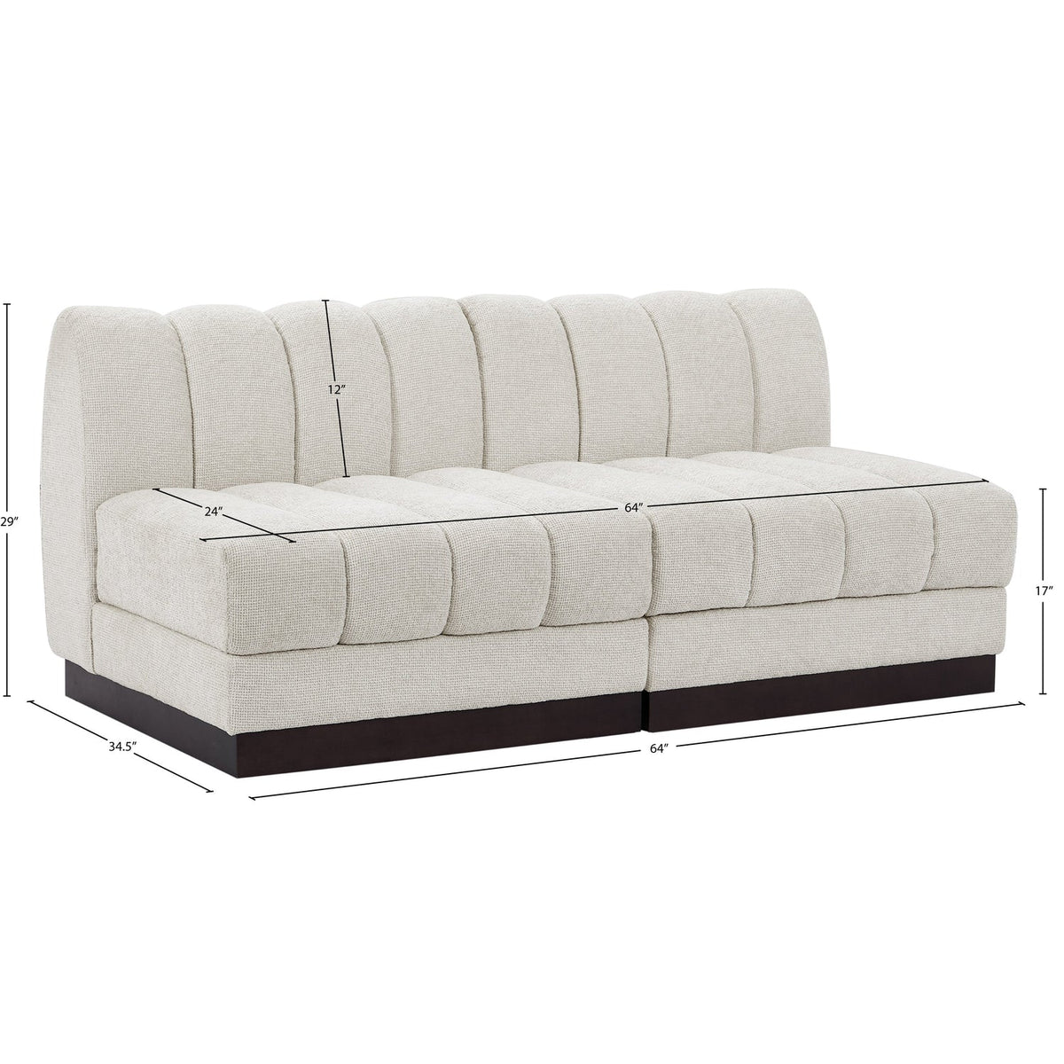 Quinn 64in Cream Chenille Fabric Upholstered 2 Piece Armless Modular Loveseat