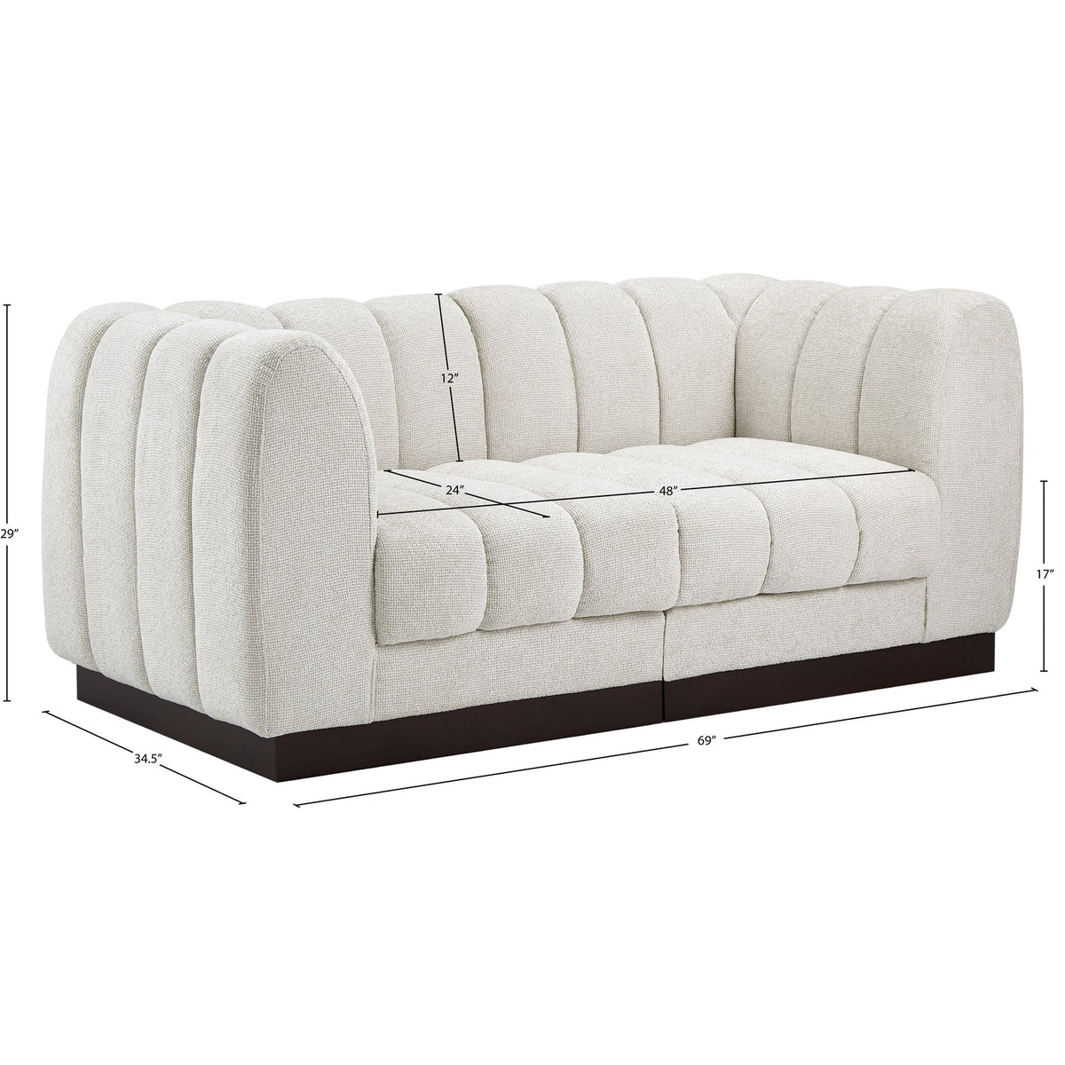 Quinn 69in Cream Chenille Fabric Upholstered 2 Piece Modular Loveseat