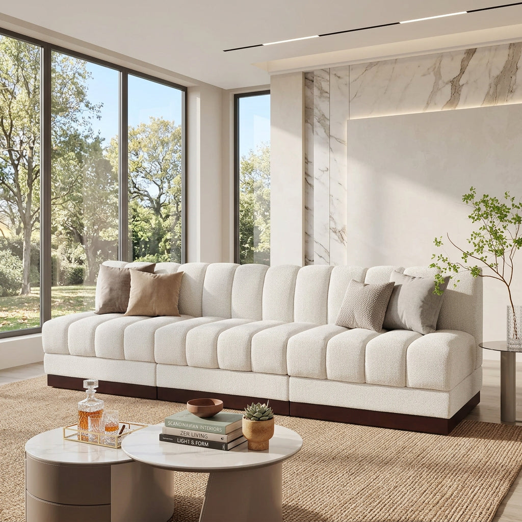 Quinn 96in Cream Chenille Fabric Upholstered 3 Piece Armless Modular Sofa