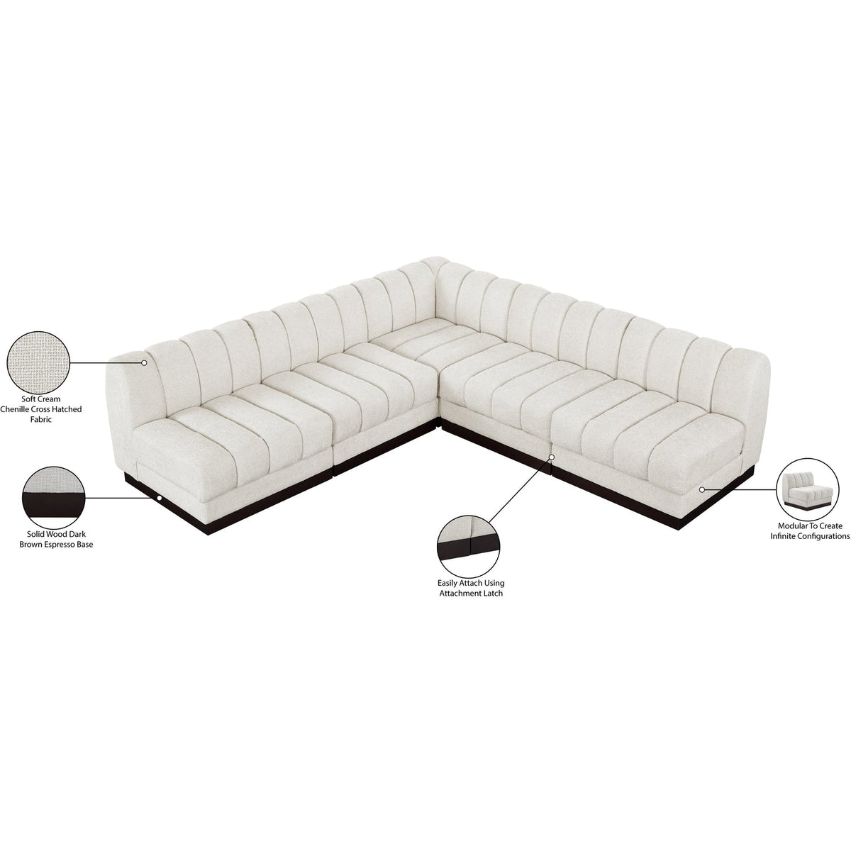 Quinn 98in Cream Chenille Fabric Upholstered 5 Piece Modular Sectional Sofa