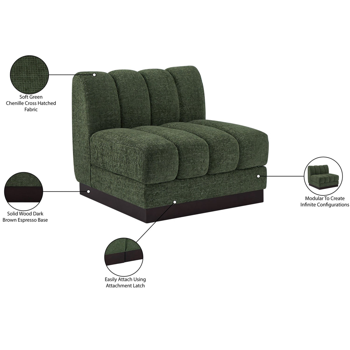 Quinn Green Chenille Fabric Upholstered Modular Armless Chair