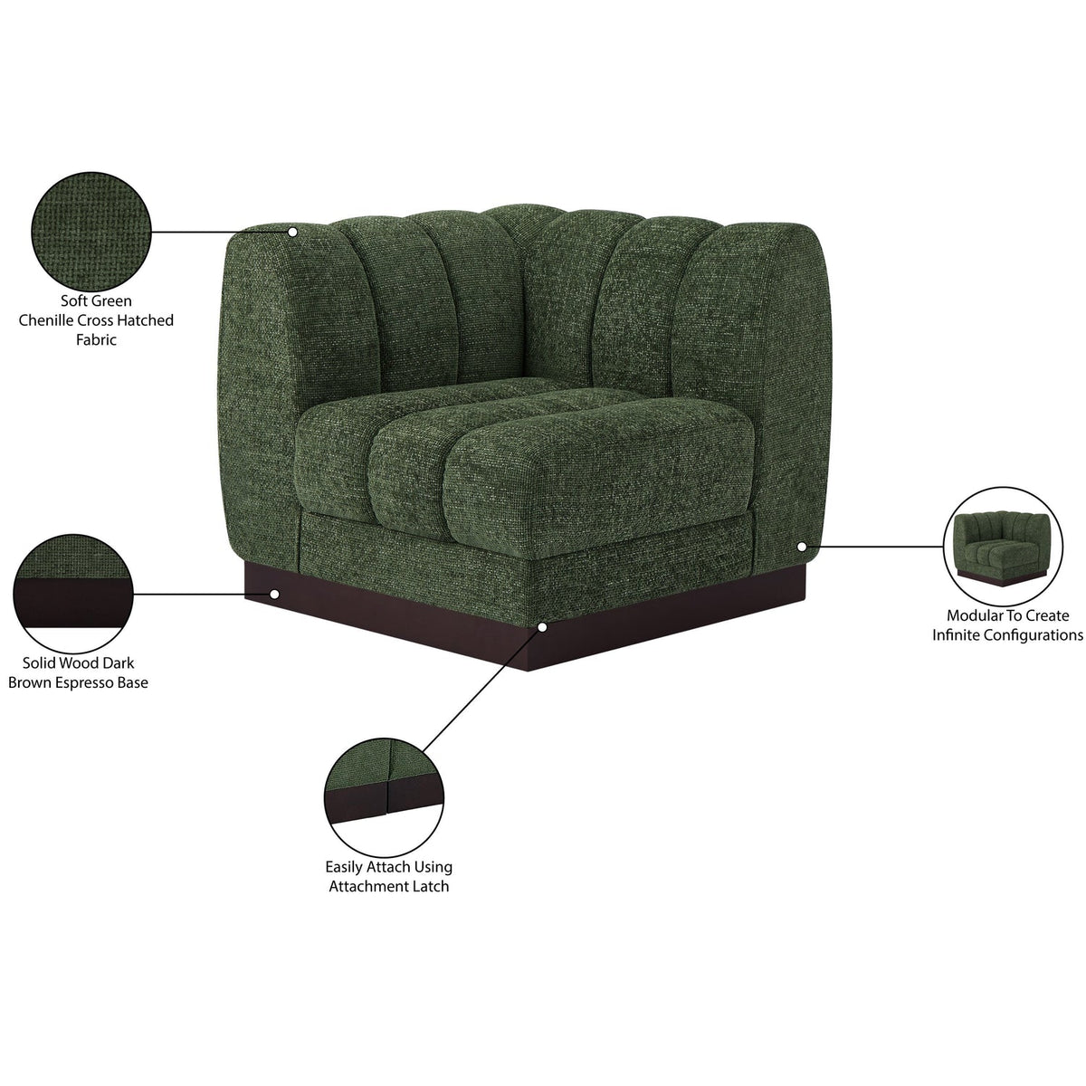 Quinn Green Chenille Fabric Upholstered Modular Corner Chair