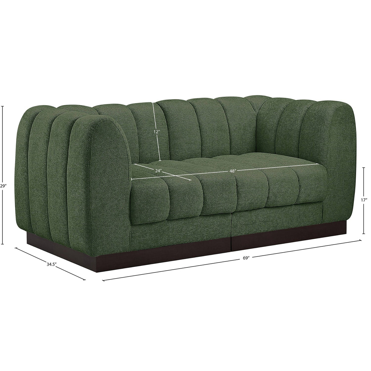 Quinn 69in Green Chenille Fabric Upholstered 2 Piece Modular Loveseat