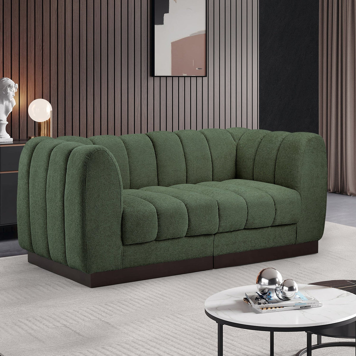 Quinn 69in Green Chenille Fabric Upholstered 2Piece Modular Loveseat