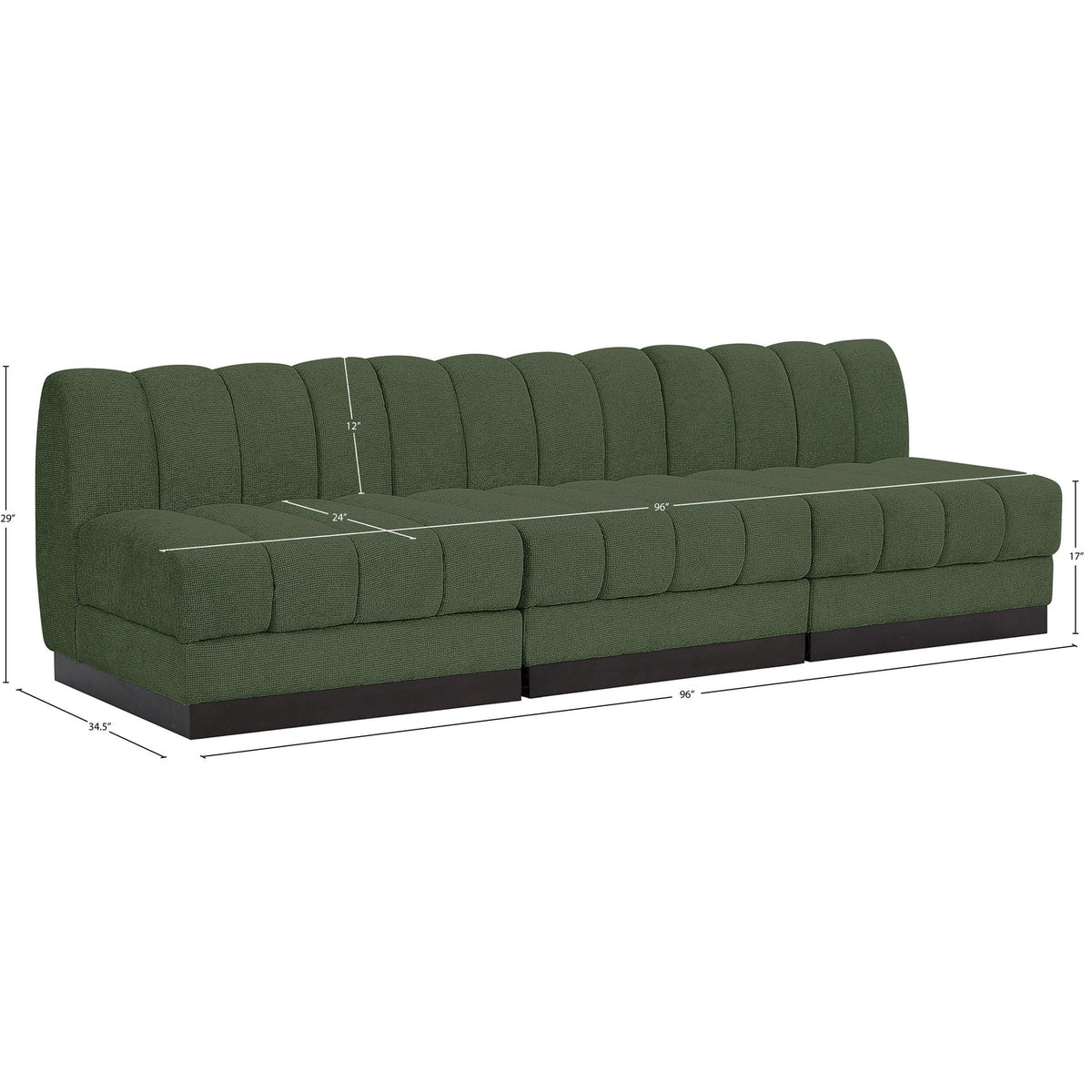 Quinn 96in Green Chenille Fabric Upholstered 3 Piece Armless Modular Sofa