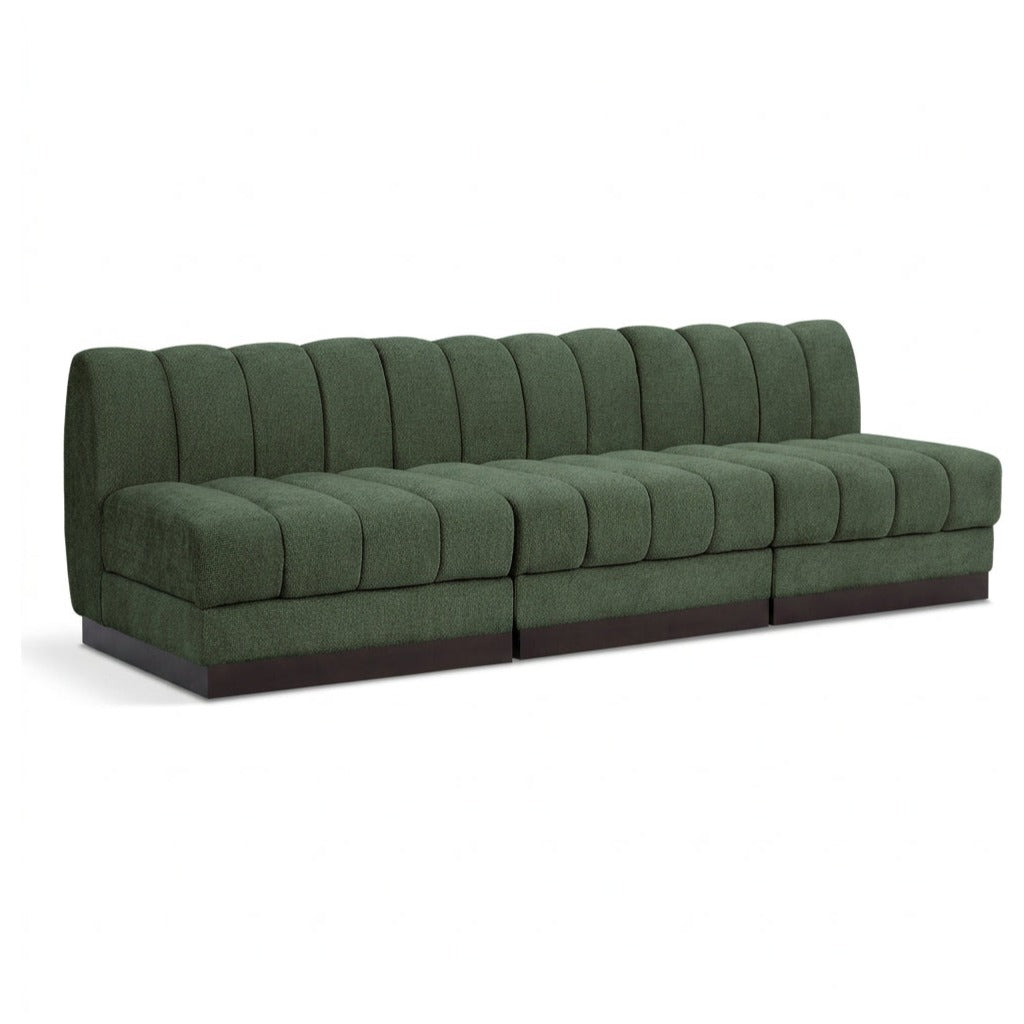Quinn 96" Green Chenille Fabric Upholstered 3pc. Armless Modular Sofa in green chenille fabric, primary product view