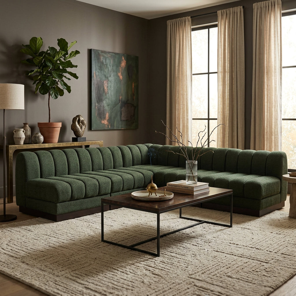 Quinn 98" Green Chenille Fabric Upholstered 5pc. Modular Sectional in green chenille fabric, primary product view