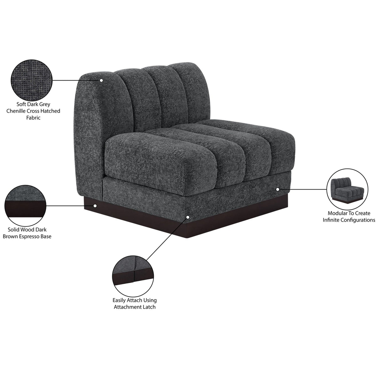 Quinn Grey Chenille Fabric Upholstered Modular Armless Chair