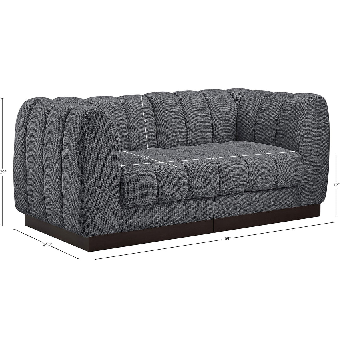Quinn 69in Grey Chenille Fabric Upholstered 2 Piece Modular Loveseat
