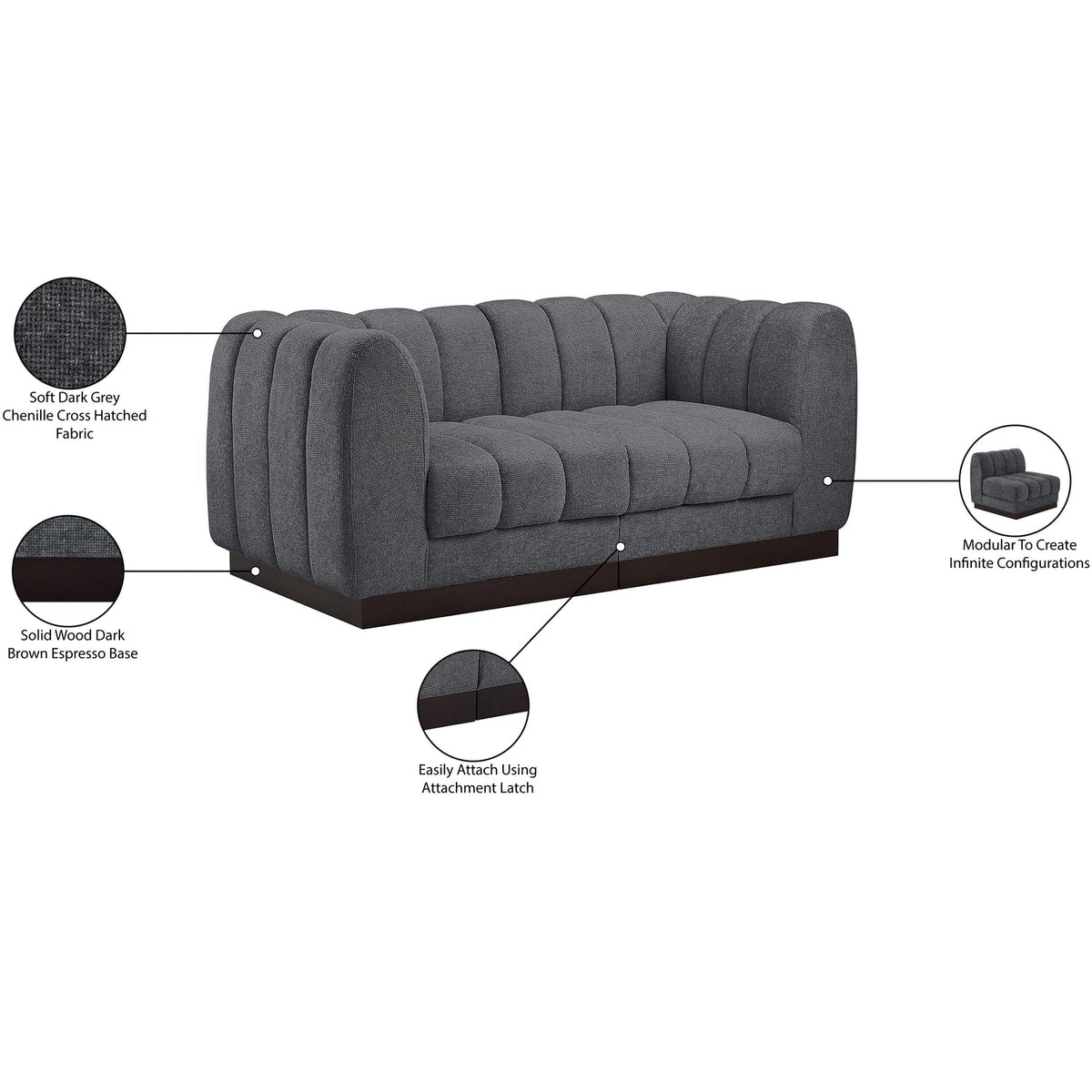 Quinn 69in Grey Chenille Fabric Upholstered 2 Piece Modular Loveseat