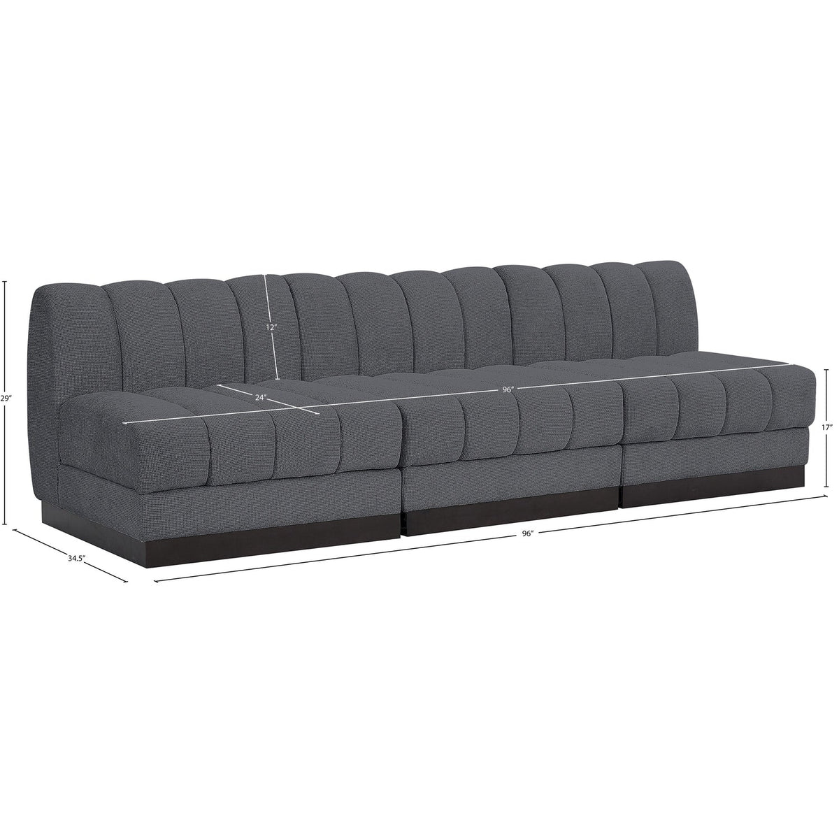 Quinn 96in Grey Chenille Fabric Upholstered 3 Piece Armless Modular Sofa